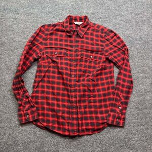 LL Bean Signature‎ Flannel Shirt Womens 8 Red Black Plaid Long Sleeve Button Up
